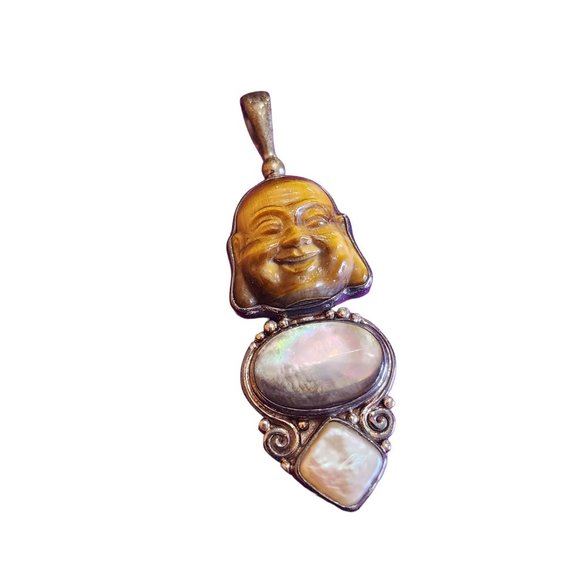 Vintage Sajen 925 Sterling Stunning Tiger Eye Abalone Shell Pendant (A2126) - Picture 2 of 4